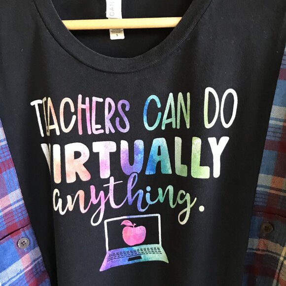 Reworked Flannel Tee, L-2XL: Upcycled Oversized Pullover Shirt, Teacher Graphic - Picture 4 of 11